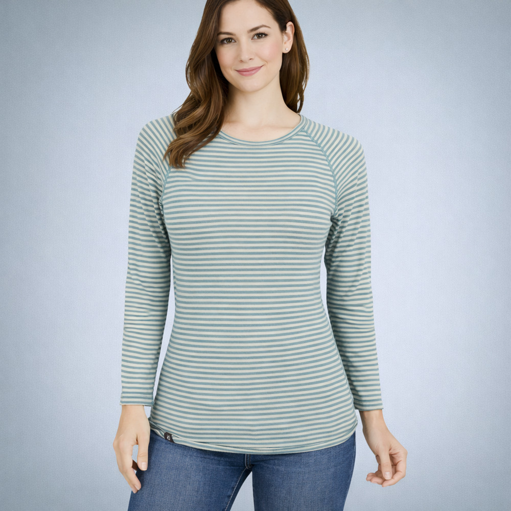 Ibex Size Large L Woolies 150 Blue Stripe Crew Long Sleeve Merino Wool Top